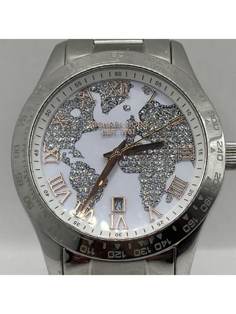 Women’s Michael Kors Layton World Map Watch 44mm MK5958 Silver Tone New Battery - Picture 3 of 9